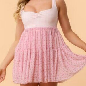 Blogilates Women's Sweetheart Babydoll Dress - Pink Gingham L